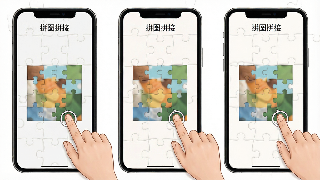 一张展示拼图拼接软件在手机上操作步骤的示意图,画面分为三个小屏,分别显示选图、调整、导出三个环节,每个屏幕上方有“拼图拼接”标识,布局为横向三栏,风格教程图解,细节包括手指点击和拖拽动作,画质清晰,干净,无多余元素