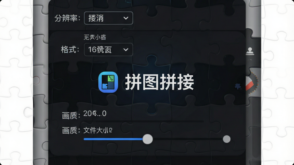 一张展示拼图拼接软件导出设置界面的图片,画面中有分辨率选项、格式选择和画质滑块,背景为深色界面,中央有“拼图拼接”标志,布局为纵向设置列表,风格科技感,细节包括高清标识和文件大小预估,画质清晰,干净,无多余元素