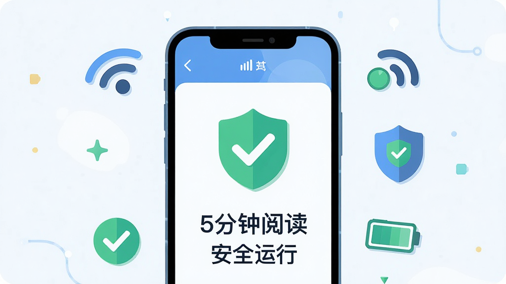 主体是手机屏幕展示5分钟阅读应用运行流畅的画面,布局为手机居中放置,周围有网络信号和电池图标,排版简洁,风格为科技感扁平插画,细节包括绿色对勾标记、盾牌安全图标、文字“5分钟阅读 安全运行”,画质高清,干净,无多余元素