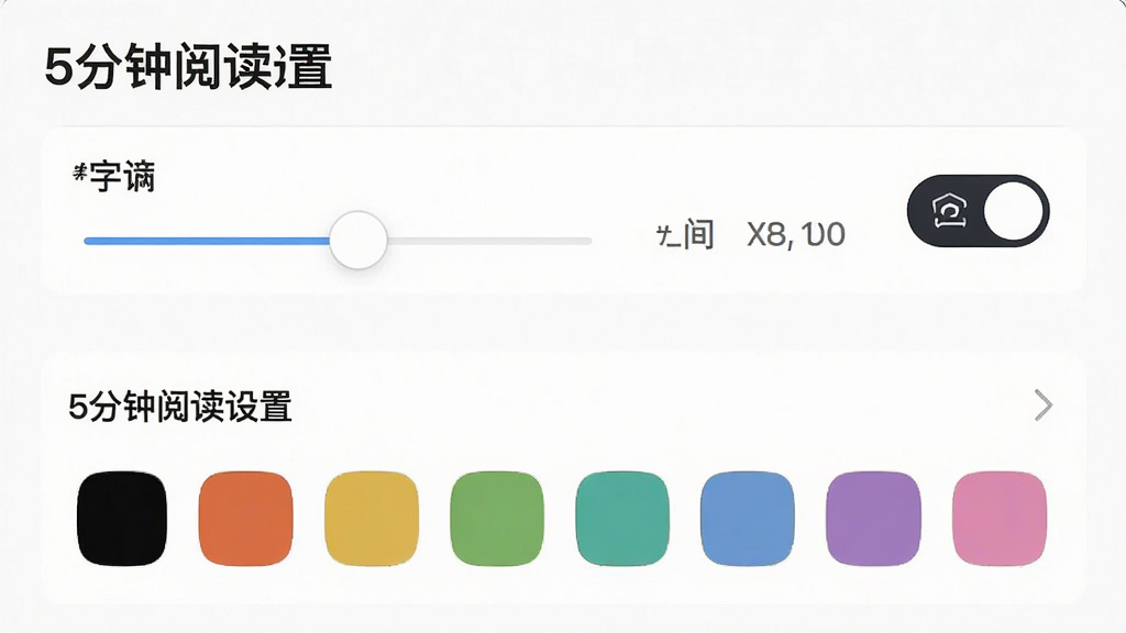 主体是5分钟阅读的设置界面,布局为列表式选项排列,排版规整,风格为简约现代的UI设计,细节包括字体大小滑块、日间夜间模式切换按钮、背景色选择色块、文字“5分钟阅读设置”,画质高清,干净,无多余元素
