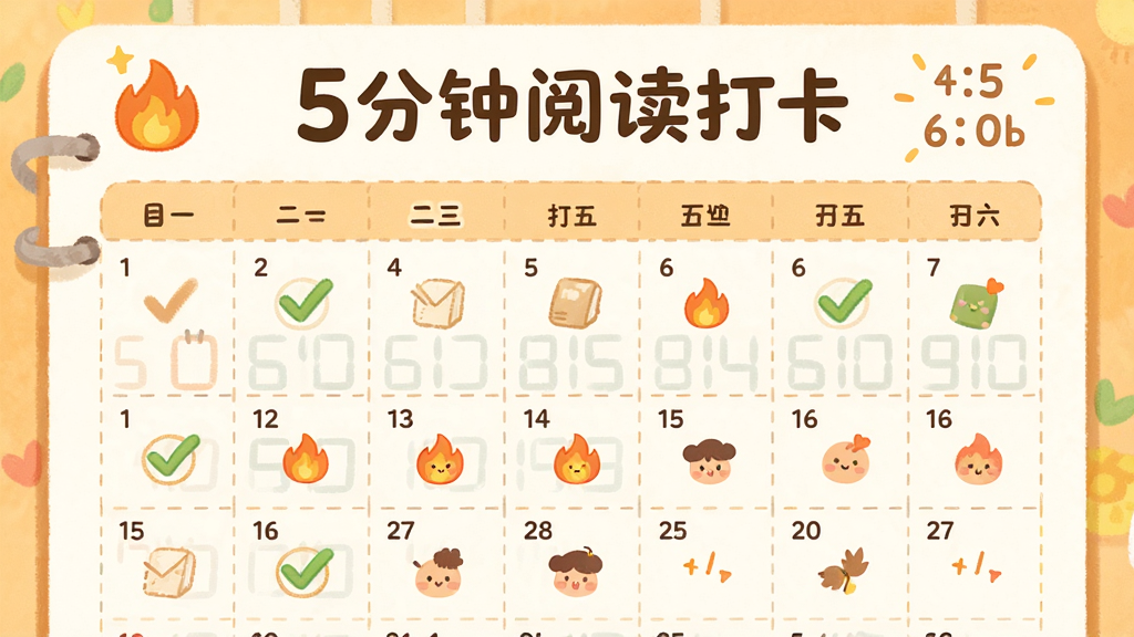 主体是5分钟阅读的打卡记录页面,布局为日历形式展示打卡天数,排版简洁清晰,风格为温暖活泼的插画风,细节包括打勾标记、连续打卡火焰图标、阅读时长统计数字、文字“5分钟阅读打卡”,画质高清,干净,无多余元素