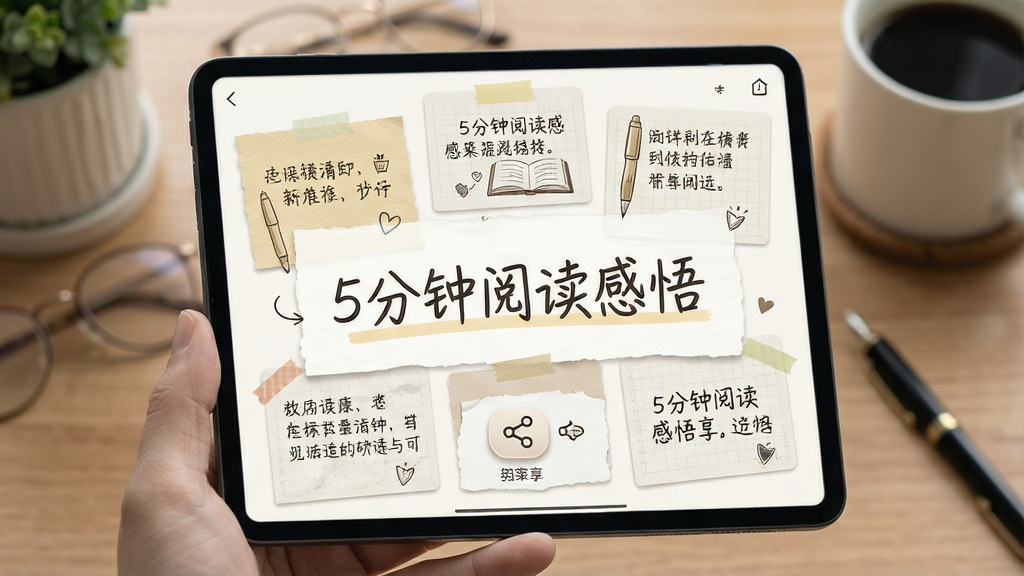 主体是5分钟阅读的感悟分享界面,布局为卡片式展示阅读笔记,排版错落有致,风格为文艺清新的手账风格,细节包括便签纸纹理、手写字体效果、分享按钮图标、文字“5分钟阅读感悟”,画质高清,干净,无多余元素