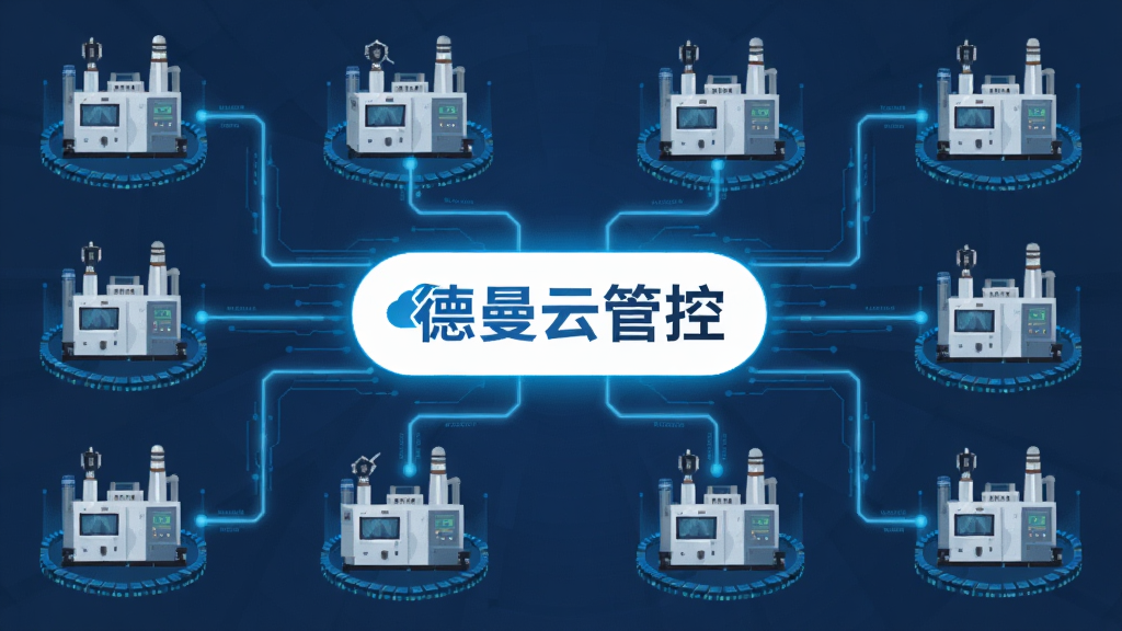 多台工业设备通过云平台连接,画面中央显示