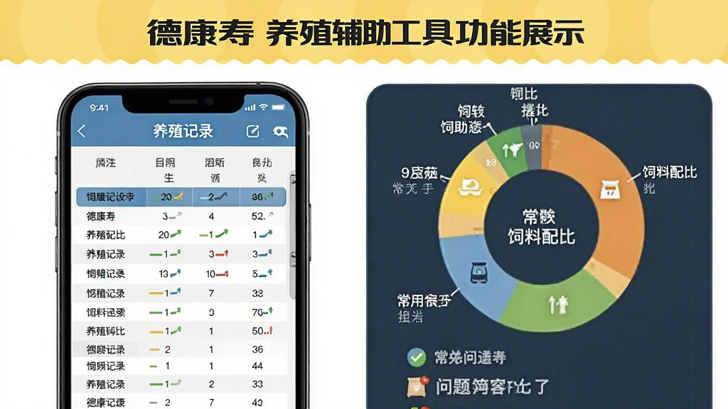 一张“德康寿”养殖辅助工具功能展示图,画面左侧为手机界面截图展示养殖记录表格,右侧为饲料配比圆形图表和常见问题列表,背景为淡黄色与白色相间,风格为信息图表设计,细节包括数据条、图标和文字标签,画质高清,干净,无多余装饰