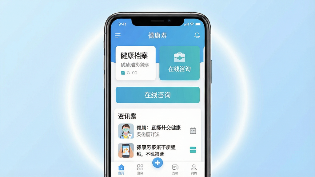 一张手机应用界面展示图,画面中央是一部智能手机,屏幕上显示“德康寿”应用的主页界面,包含健康档案卡片、在线咨询入口和资讯列表,背景为浅蓝色渐变,手机周围环绕柔和的圆形光晕,整体布局简洁清晰,风格为现代扁平化UI设计,细节包括状态栏图标、底部导航栏和功能图标,画质高清,干净,无多余元素