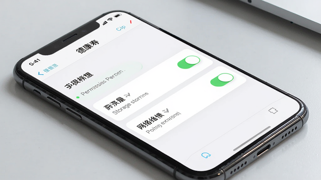 一张手机屏幕显示“德康寿”应用设置界面的图片,画面中手机以倾斜角度放置,屏幕显示权限管理页面,包含存储权限和网络权限的开关按钮,背景为浅灰色桌面,风格为产品展示摄影,细节包括手机边框反光和界面文字,画质清晰,干净,无多余元素