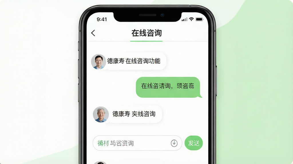 一张展示“德康寿”在线咨询功能的界面图,画面为手机屏幕特写,屏幕中央显示对话框界面,左侧为用户提问气泡,右侧为回复气泡,顶部显示“在线咨询”标题,背景为白色与浅绿色搭配,界面干净整洁,风格为移动端聊天应用设计,细节包括输入框、发送按钮和头像图标,画质清晰,无杂乱元素