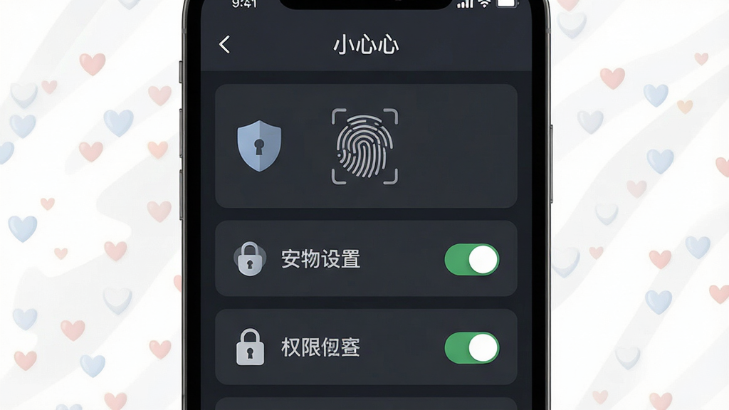 一张展示“小心心”隐私设置界面的示意图,主体为手机屏幕中显示安全锁与权限开关,布局纵向列表,排版清晰明了,风格为简约商务风,细节包含盾牌图标、指纹识别与加密标识,画质高清干净无多余元素