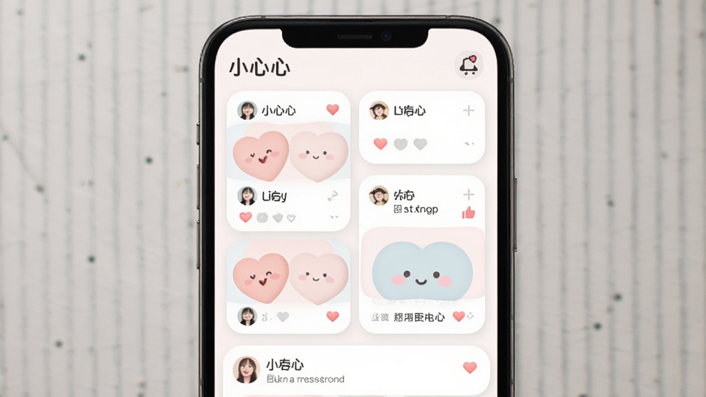 一张展示“小心心”兴趣圈子页面的预览图,主体为手机屏幕中显示多个圈子卡片与动态流,布局网格状排列,排版整齐有序,风格为柔和圆角设计,细节包含话题标签、用户头像与点赞图标,画质高清干净无多余元素