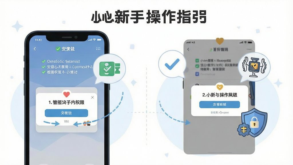 一张展示“小心心”新手操作指引的示意图,主体为手机屏幕中显示安装步骤与权限弹窗,布局分步展示,排版直观易懂,风格为扁平插画风,细节包含勾选标记、提示气泡与安全盾牌,画质高清干净无多余元素
