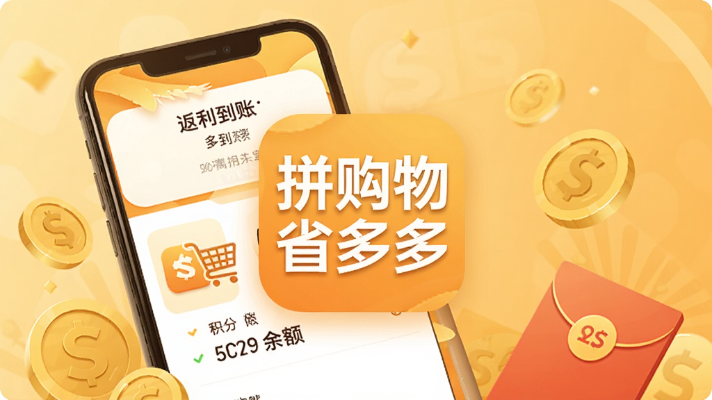 一张描绘拼购物省多多返利功能的场景图,画面中一部手机显示返利到账通知和积分余额,手机旁边有金币和红包元素,整体色调为温暖的金色和橙色,扁平化设计风格,画面中心突出“拼购物省多多”应用图标,布局简洁,画质细腻,无多余背景干扰