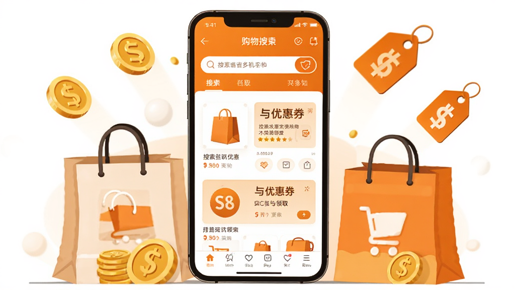 一张展示拼购物省多多手机应用主界面的场景图,画面中央是一部竖屏智能手机,屏幕内显示该软件的商品搜索与优惠券领取界面,手机周围散落着购物袋、金币、折扣标签等元素,整体采用明亮的橙白配色,扁平化插画风格,细节清晰,画面干净整洁,无多余装饰,高画质,适合软件下载站配图