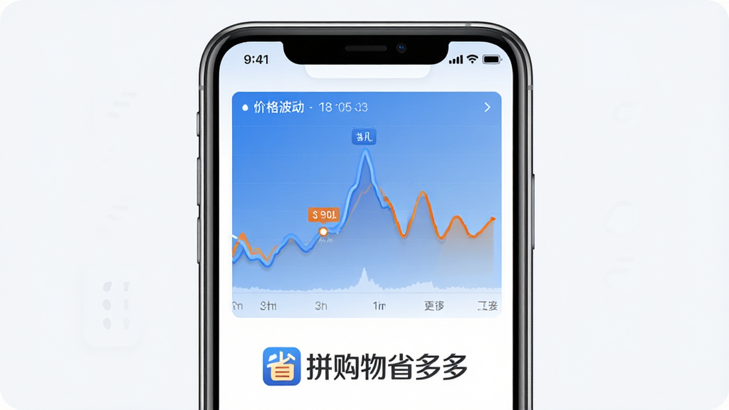 一张展示拼购物省多多历史价格查询功能的图片,画面以手机屏幕为主体,屏幕内显示一条清晰的价格波动折线图,折线图下方有“拼购物省多多”的软件标识,图表采用蓝橙配色,背景干净,风格商务简洁,画面无多余文字,高分辨率,适合作为功能介绍配图