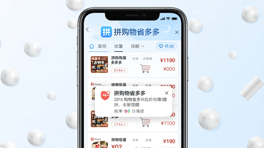 一张展示拼购物省多多比价与降价提醒功能的图片,画面中央是手机屏幕,屏幕内显示多个电商平台的价格对比列表和一条降价提醒弹窗,屏幕上方有“拼购物省多多”文字标识,整体风格清新简约,配色以白色和浅蓝为主,细节清晰,画质干净,适合下载站展示