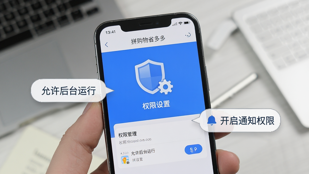 一部手机屏幕显示拼购物省多多的设置页面和权限管理界面,画面中有盾牌和齿轮图标象征安全设置,手机周围有提示气泡文字“允许后台运行”“开启通知权限”,整体风格简洁实用,配色为蓝白灰,画面干净,无多余装饰,高清晰度