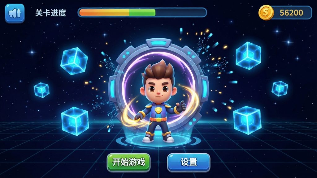 一款名为“闯关瞬移大挑战”的手机游戏主界面预览图,画面中央是一个卡通风格的角色站在充满科技感的传送门前方,周围漂浮着发光的蓝色能量方块,背景是深邃的星空与几何网格,整体布局采用竖版手机屏幕比例,上方显示关卡进度条与金币数量,下方排列着开始游戏与设置按钮,风格为3D卡通渲染,色彩明亮鲜艳,细节包括角色身上的动态光效与传送门的粒子飞散效果,画质为高清1080P,画面干净无多余元素