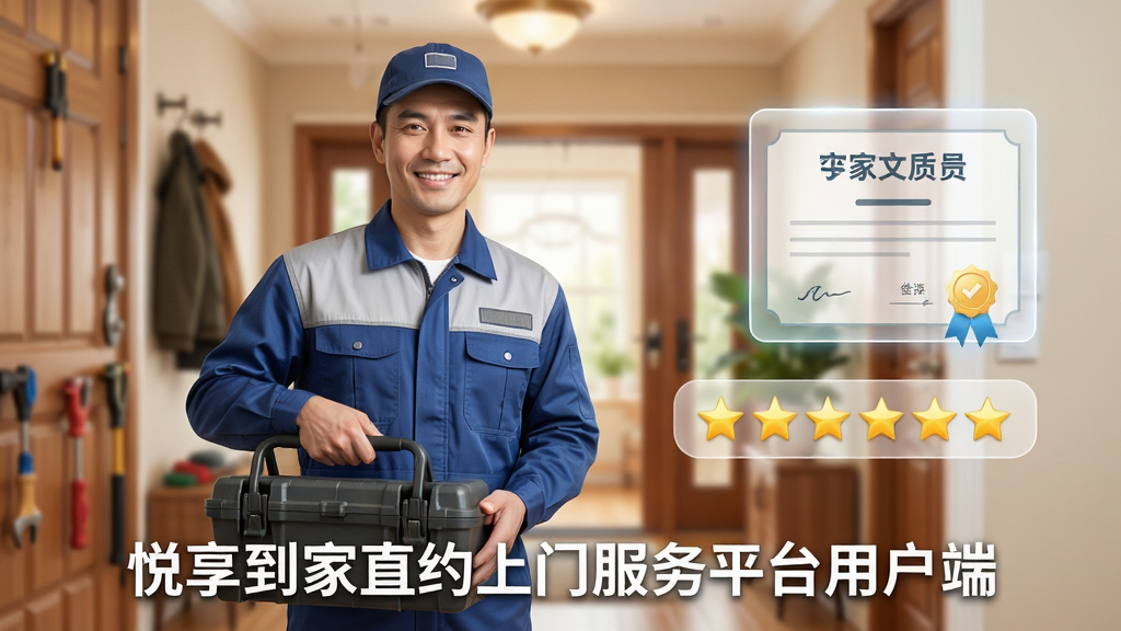 画面展示一位身穿统一工装的技师站在门前微笑,手中提着专业服务工具箱;技师身后是虚化的家庭玄关背景;画面右侧浮现半透明的资质证书图标和五星好评标识;整体风格写实温馨,色调明亮柔和;画面下方标注