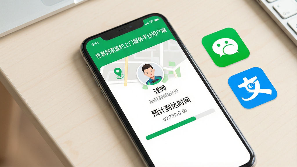 一部手机屏幕显示订单追踪界面,界面中包含地图定位图标、技师头像、预计到达时间倒计时和进度条;手机旁边放置着微信支付和支付宝的图标;背景是干净的浅色桌面;整体风格简洁明快,色调以白色和绿色为主;屏幕上方显示