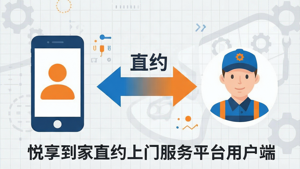 一张信息图表风格的插画,画面左侧是用户手机图标,右侧是技师头像图标,中间用一条双向箭头连接,箭头上方标注
