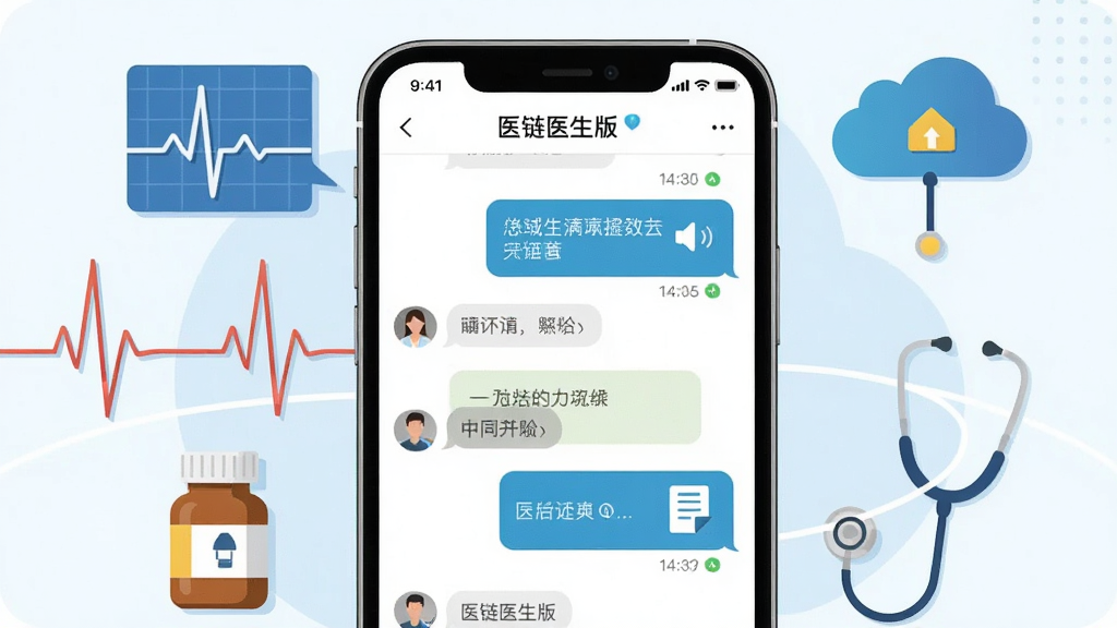 画面主体为“医链医生版”手机界面特写,屏幕显示医生与患者的图文对话气泡,气泡中包含文字、语音图标和处方签图标,手机周围环绕着心电图波形、药瓶、听诊器、云端存储图标等元素,布局为手机居中、元素环绕四周,排版错落有致,风格为现代医疗扁平插画,细节包含对话气泡上的时间戳和已读标记,画质高清,干净,无多余元素