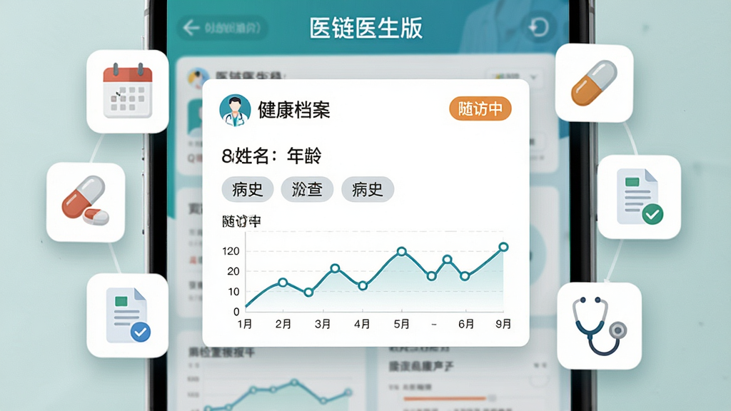 画面展示“医链医生版”患者档案界面,屏幕中央为一位患者的电子健康档案卡片,卡片上显示姓名、年龄、病史标签和折线图,卡片周围漂浮着日历提醒图标、药丸图标、检查报告图标和听诊器,布局为卡片居中、图标环绕,排版清晰,风格为清新医疗信息图,细节包含折线图上的数据点和档案卡片上的“随访中”标签,画质高清,干净,无多余元素