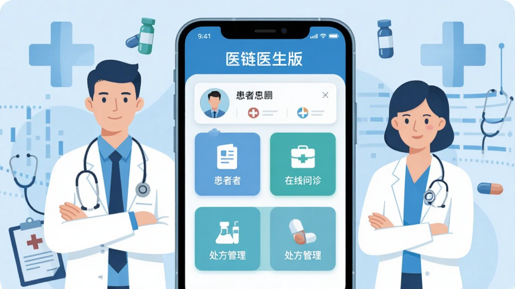 画面中央放置一部智能手机,屏幕显示“医链医生版”应用主界面,界面包含患者列表、在线问诊、处方管理三个模块图标,手机两侧分别站立一位穿白大褂的男医生和一位女医生,背景为浅蓝色医疗十字与数据流线条组成的抽象图案,整体布局居中对称,排版简洁,风格为扁平化医疗科技插画,细节包含听诊器、病历夹、药丸等小型元素点缀,画质高清,干净,无多余元素
