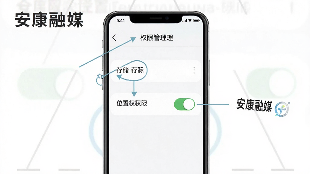 安康融媒安装权限设置示意图,手机屏幕显示权限管理页面,标注存储和位置权限开关,画面简洁,指示清晰,带有“安康融媒”文字,画质干净,无多余元素