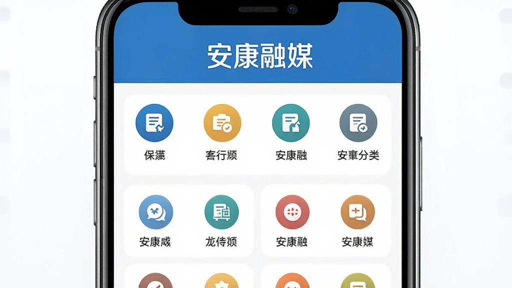 安康融媒政务服务页面,手机屏幕显示办事图标和分类列表,顶部有“安康融媒”标题,背景简洁,图标清晰,风格现代,画质干净,无多余元素