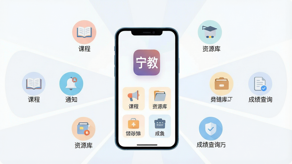 一幅展示宁教App整合多种教育服务功能的场景图,画面中心是一部手机,屏幕内清晰显示宁教应用图标和多个功能入口,手机周围环绕着代表课程、通知、资源库、成绩查询等元素的小图标,以浅色系为主调,布局采用环绕式放射状排版,风格为科技感扁平插画,细节上每个小图标都带有简洁的文字标注,画质高清,干净清爽,无多余装饰