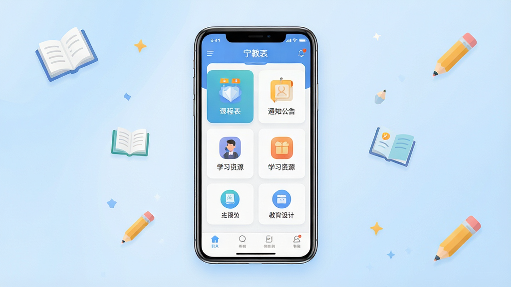 一张展示宁教教育云平台手机端主界面的产品预览图,画面中央是一部竖屏智能手机,屏幕上显示宁教App首页,包含课程表、通知公告、学习资源等功能模块图标,背景为柔和的浅蓝色渐变,整体布局简洁清晰,风格为现代扁平化UI设计,细节上体现教育场景元素如书本、铅笔等小图标点缀,画质高清干净,无多余元素