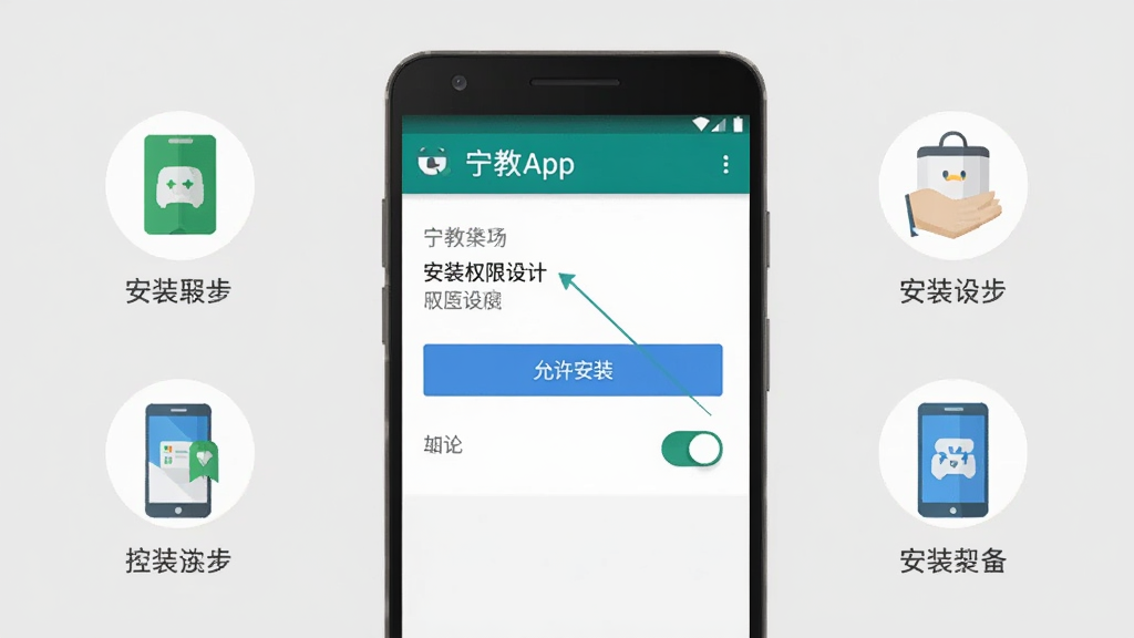 一部安卓手机屏幕上显示宁教App的安装权限设置界面,画面采用正面平视角度,手机周围有简洁的图标示意安装步骤,背景为浅灰色纯色,风格为扁平化教程插图,细节上突出“允许安装”按钮和权限开关,画质清晰干净,无多余元素