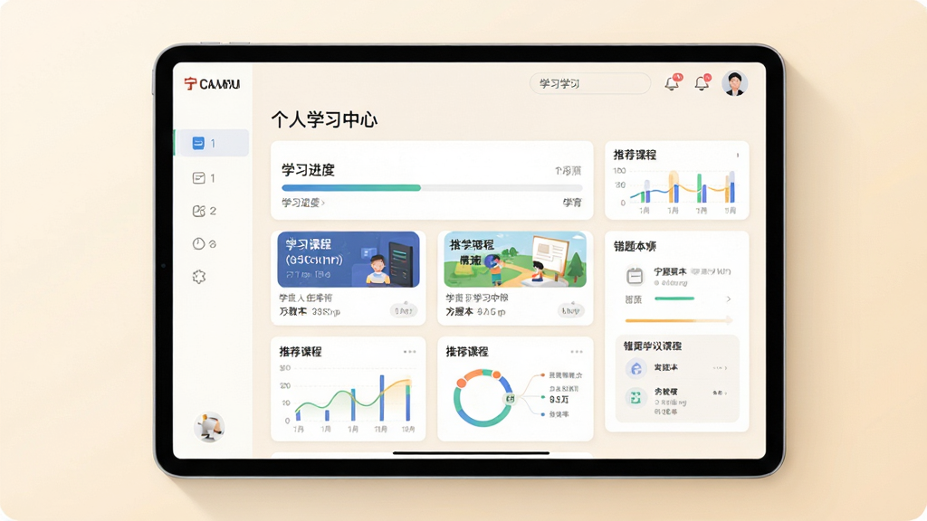 一幅展示宁教App个性化学习空间界面的效果图,画面主体为一部横向放置的平板设备,屏幕上显示个人学习中心页面,包含学习进度条、推荐课程卡片、错题本入口等模块,背景采用温暖的米白色调,布局清晰分区明确,风格为清新简约的教育类UI设计,细节上体现数据可视化的图表元素,画质高清细腻,无多余干扰元素