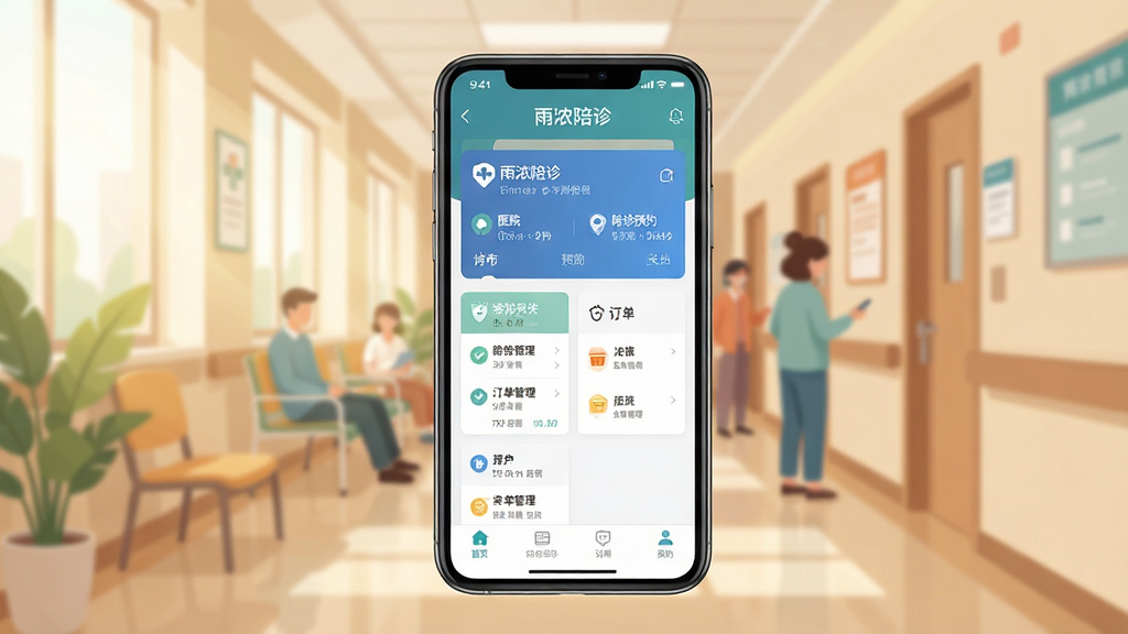 一张展示雨浓陪诊应用核心界面的手机模型图,画面中央是手机屏幕,屏幕内显示雨浓陪诊APP的首页,包含医院导航、陪诊预约、订单管理等模块,背景是温馨的医院走廊场景,有柔和的自然光线,风格为扁平化插画,细节清晰,画质干净,无多余元素,文字内容为“雨浓陪诊”