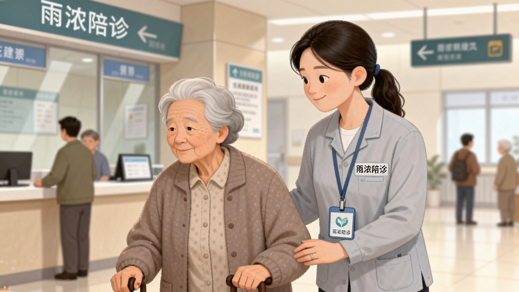 一张展示雨浓陪诊全流程就医协助的场景图,画面中一位陪诊人员正搀扶着一位老年患者在医院大厅内行走,背景有挂号窗口、指示牌等元素,风格为温暖写实插画,色调柔和,细节包括陪诊人员佩戴的雨浓陪诊工作牌,画质干净,无多余元素,图中文字为“雨浓陪诊”