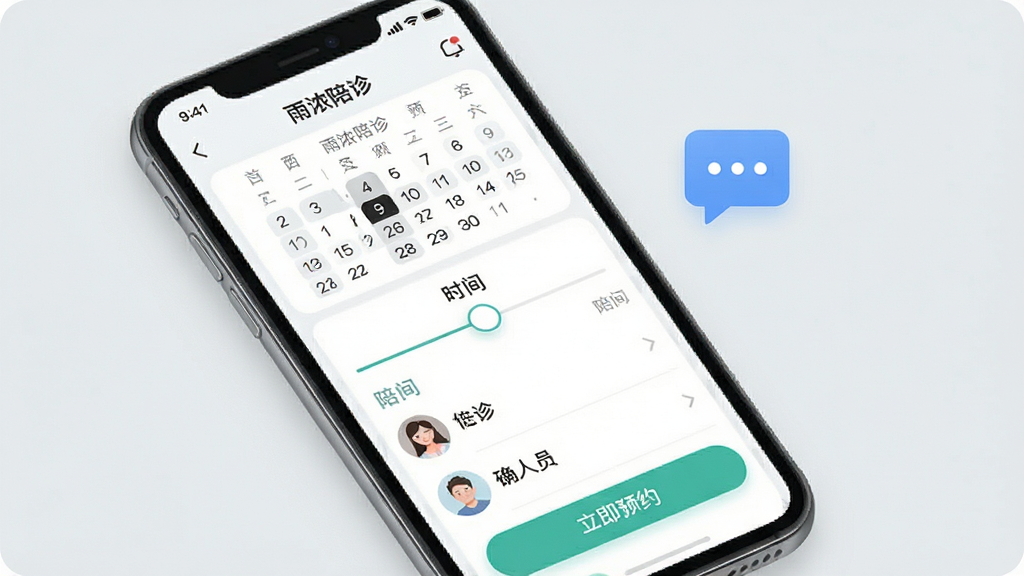 一张展示雨浓陪诊预约界面的手机截图风格图,画面中手机屏幕显示日历选择、时间滑块和陪诊人员列表,旁边有对话气泡图标表示在线沟通,背景为浅灰色,风格为现代UI设计,细节包括确认按钮和头像,画质清晰,无多余元素,图中文字为“雨浓陪诊”和“立即预约”