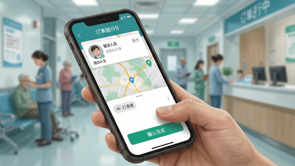一张展示雨浓陪诊移动端操作界面的示意图,画面中一只手拿着手机,屏幕上显示订单详情页,包含陪诊人员头像、实时地图、沟通按钮和确认完成按钮,背景为模糊的医院环境,风格为写实插画,细节包括手机壳和手指触控动作,画质清晰,无多余元素,图中文字为“雨浓陪诊”和“订单进行中”