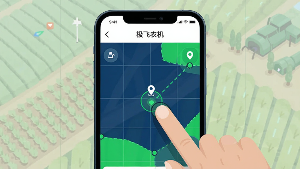 主体为智能手机屏幕特写,画面中显示“极飞农机”APP的地块圈定界面,手指正在点击地图上的边界点;布局采用俯视角度,排版上手机居中,周围环绕淡化的农田背景;风格为科技感扁平插画风,色调为深蓝与亮绿;细节包括地图网格线、定位图标、航线虚线;画质清晰、干净、无多余元素