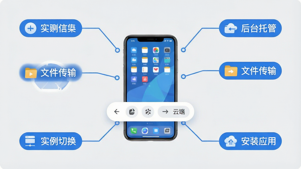 一张泰坦云电脑操作界面的功能图解,主体为云端虚拟手机桌面与悬浮控制栏,布局采用中心向外辐射的信息图结构,中心是手机屏幕,四周是标注线连接的功能标签如安装应用、文件传输、后台托管、实例切换,排版清晰有序,风格为扁平化信息图,细节包含蓝色标注线、圆角标签框、图标和浅灰背景,画质高清,画面干净,无多余元素。