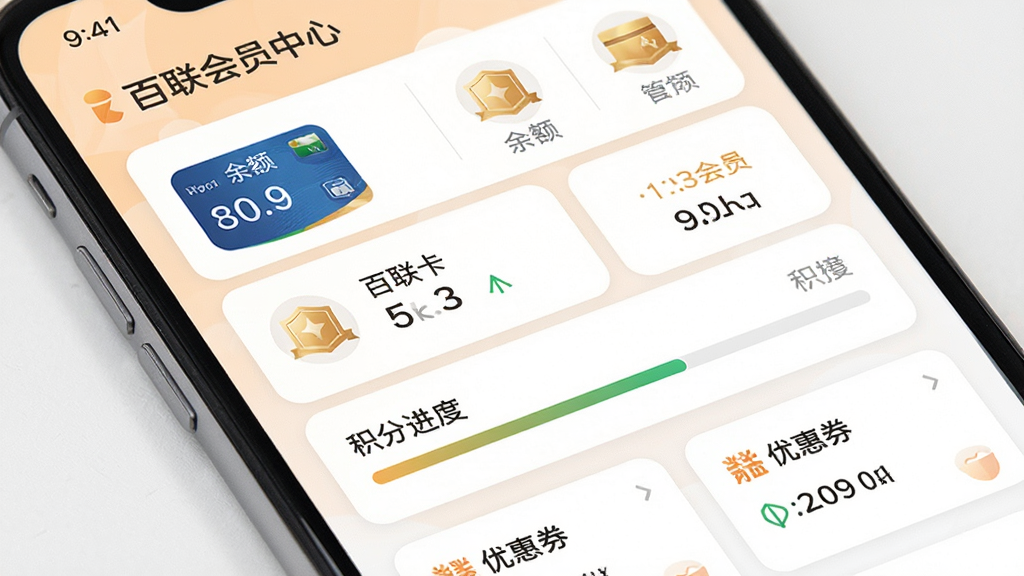 i百联会员中心与百联卡管理界面展示,画面为一部手机屏幕特写,屏幕内显示百联卡列表、余额数字、积分进度条和优惠券卡片,布局采用卡片式排版,风格清新简洁,背景为白色与淡橙色,细节上突出卡片图标和会员等级标识,画质高清,干净,无多余元素。