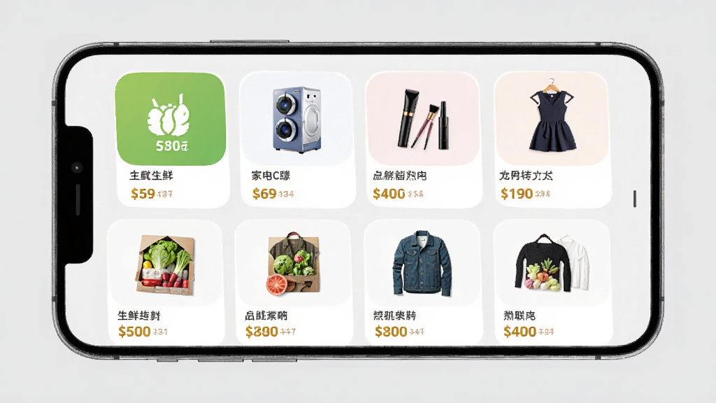 i百联商品分类与选购页面展示,画面为手机屏幕内呈现多个商品分类入口和商品列表,包含生鲜、家电、美妆、服饰等图标,布局采用网格与列表结合,风格明亮活泼,背景为浅灰色,细节上突出商品图片和价格标签,画质高清,干净,无多余元素。
