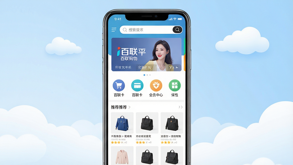 i百联购物平台手机端界面展示,画面中央是一部竖屏智能手机,屏幕内呈现i百联应用首页,包含搜索栏、轮播横幅、功能图标区和商品推荐瀑布流,布局清晰,排版整齐;背景为浅蓝色渐变与白色云朵,风格简洁现代,细节上突出购物车、百联卡、会员中心等图标,画质高清,干净,无多余元素。