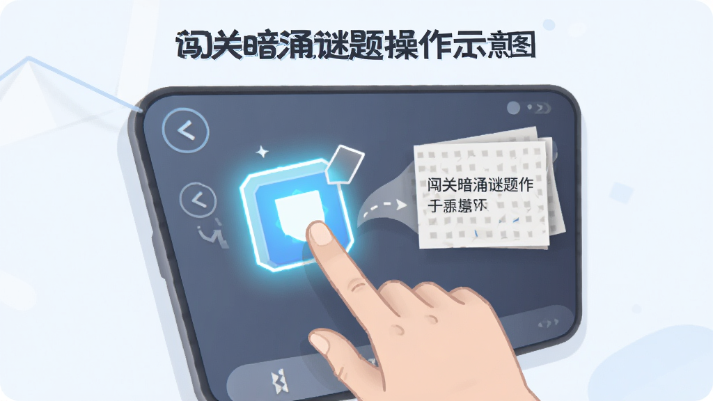闯关暗涌谜题操作示意图,画面展示一只手轻轻点击屏幕上的谜题方块,方块亮起并展开新的线索,背景简洁,风格清新易懂,高清画质,干净无多余元素