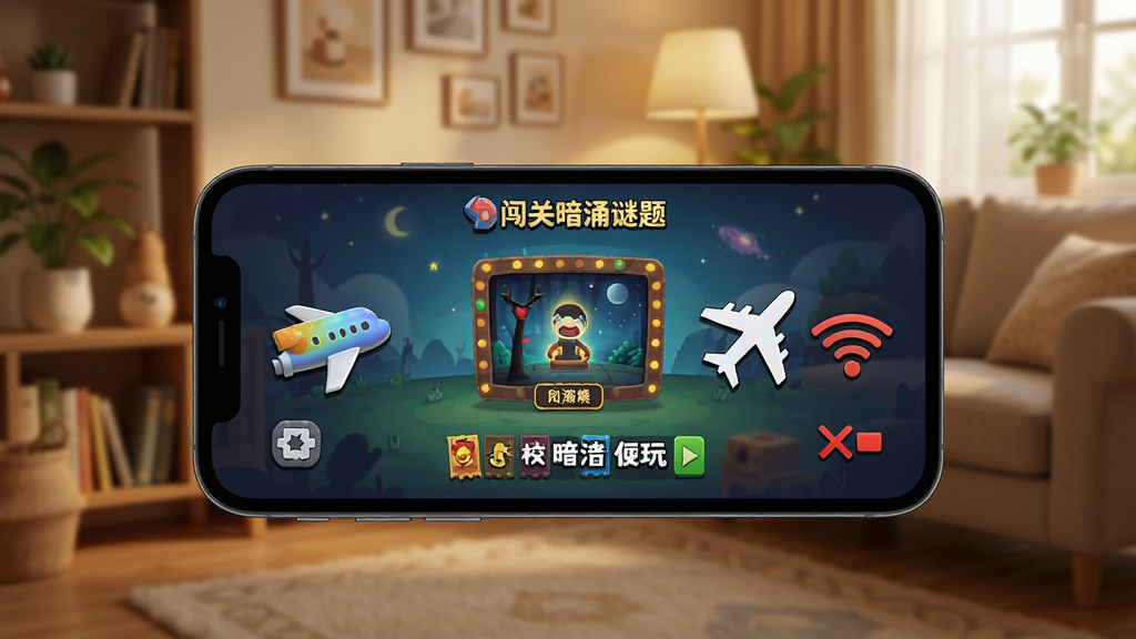 闯关暗涌谜题离线畅玩场景,画面中手机屏幕显示游戏关卡界面,旁边有飞机图标与WiFi关闭符号,背景为温馨室内环境,风格生活化,高清画质,干净无多余元素