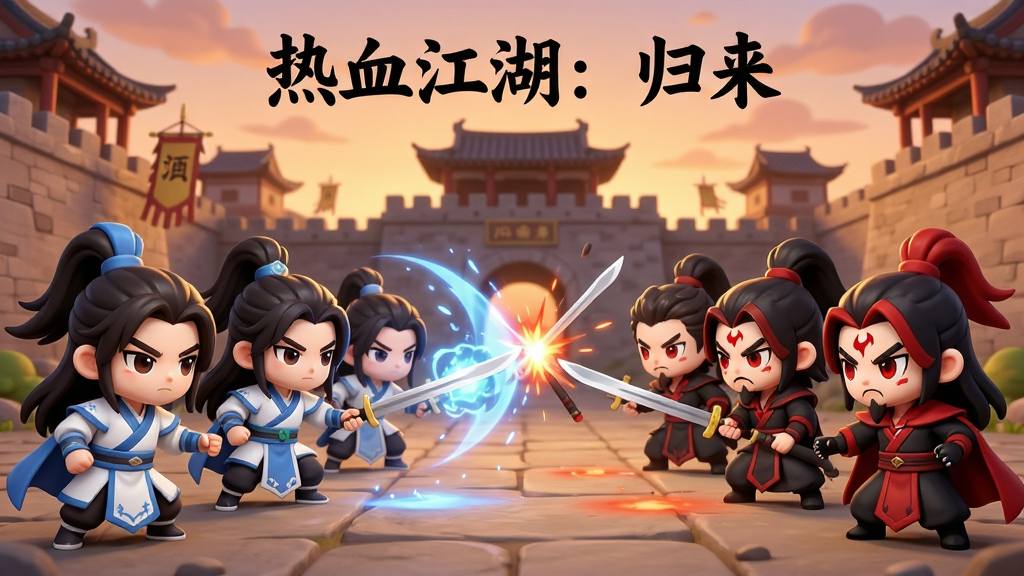 一幅“热血江湖:归来”正邪阵营对抗的场景图,画面左侧为正派角色身着白蓝服饰,右侧为邪派角色身着黑红服饰,双方在城池前对峙,中间有技能光效与刀光剑影,背景为黄昏色调的古城,风格为Q版武侠,细节丰富,画质清晰,干净无多余元素