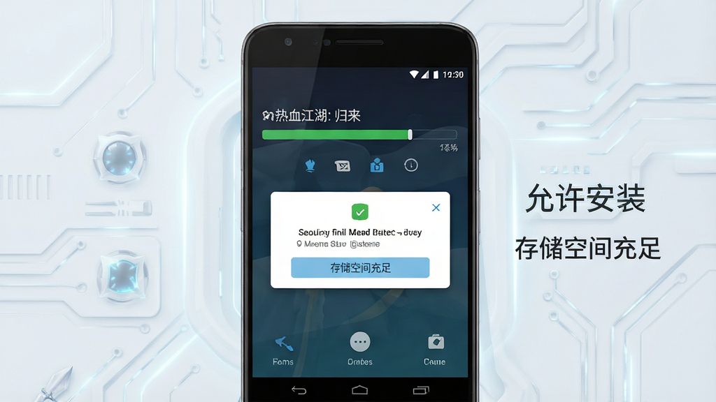 一幅展示手机安装“热血江湖:归来”过程的示意图,画面为安卓手机屏幕特写,显示安装进度条与权限确认弹窗,旁边有提示文字“允许安装”与“存储空间充足”,背景为简洁的科技风格,画质清晰,排版直观,干净无多余元素