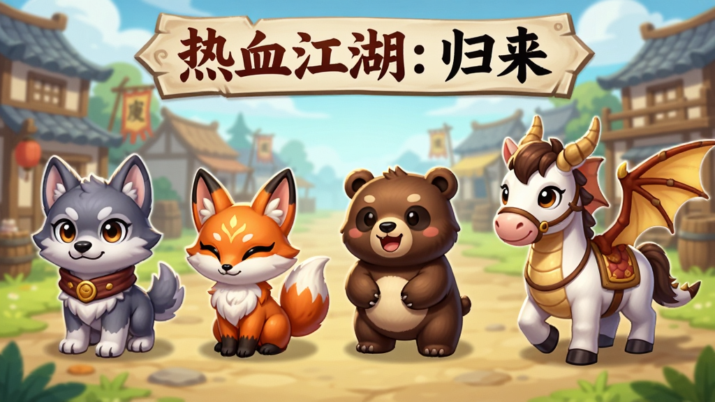 一幅“热血江湖:归来”宠物与坐骑展示图,画面中展示三只不同造型的Q版宠物与两只坐骑,宠物包括小狼、灵狐与萌熊,坐骑包括白马与飞龙,背景为江湖村落,风格为Q版卡通,色彩鲜艳,细节清晰,画质干净,排版为图鉴样式