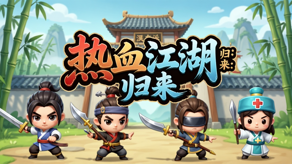 一幅Q版武侠风格的宣传图,画面中央为“热血江湖:归来”游戏Logo,背景包含泫勃派城门、竹林与远山,前景有剑客、枪客、医师等Q版角色摆出战斗姿态,整体色调明亮清新,风格为卡通渲染3D,细节丰富,画质清晰,干净无多余元素