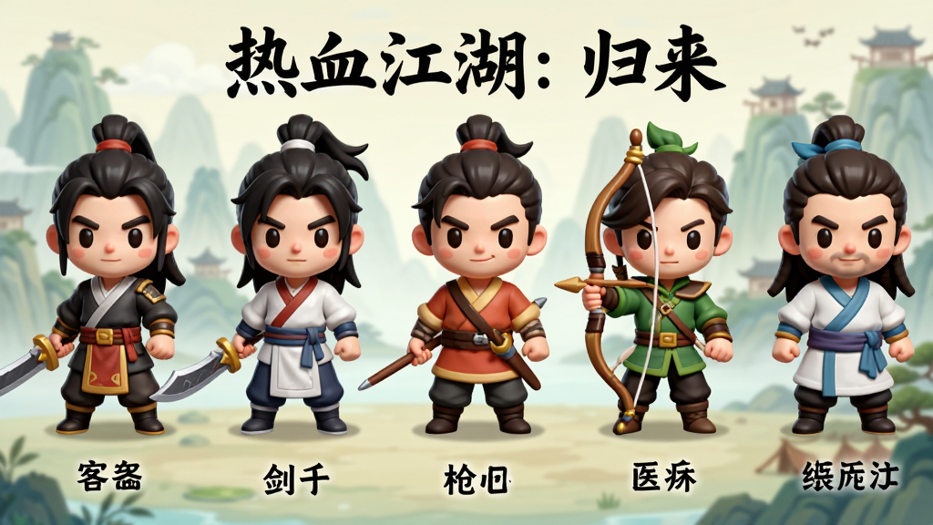 一幅展示“热血江湖:归来”五大职业的图片,画面从左到右依次排列刀客、剑客、枪客、弓手、医师五个Q版角色,每个角色下方标注职业名称,背景为淡雅的江湖山水,风格统一为Q版卡通渲染,角色服饰细节清晰,画质干净,排版整齐