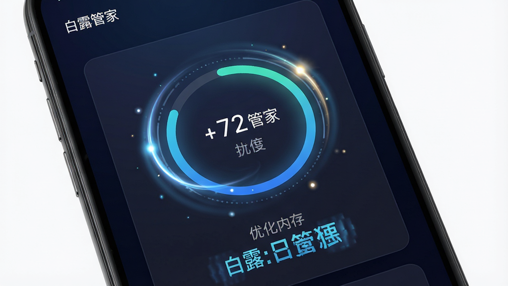 白露管家(最新版)在手机上执行一键加速操作的动态界面截图,主体为手机屏幕特写,布局展示加速进度圈与已优化内存数值,排版为竖向卡片式,风格为动感科技风,细节包括旋转的光效、数字跳动动画、背景为深色渐变,画质高清,画面干净,无多余元素,图片中打文字“白露管家”。