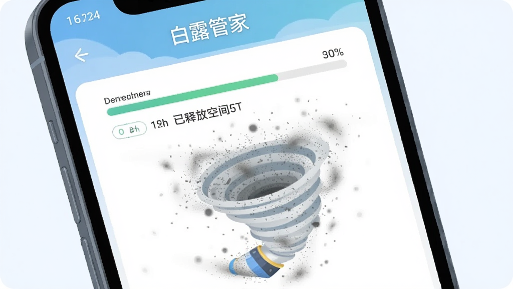 一部智能手机屏幕显示白露管家(最新版)正在执行垃圾清理任务,画面中呈现清理进度条和已释放空间数值,主体突出手机屏幕,布局为特写镜头,排版以手机为中心,风格为扁平化科技插画,细节包括屏幕上飞舞的灰尘粒子被吸入清理漩涡的视觉效果,画质高清,画面干净,无多余元素,图片中打文字“白露管家”。